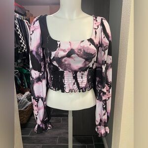 NWT Topshop Purple, Black, and White Patterned Long Sleeve Crop Top